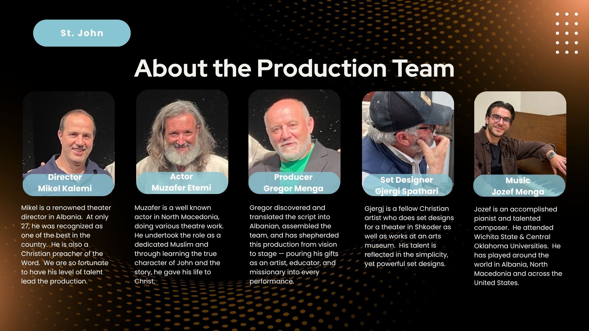 Production team - Director, Actor, Producer, Set Designer, Music