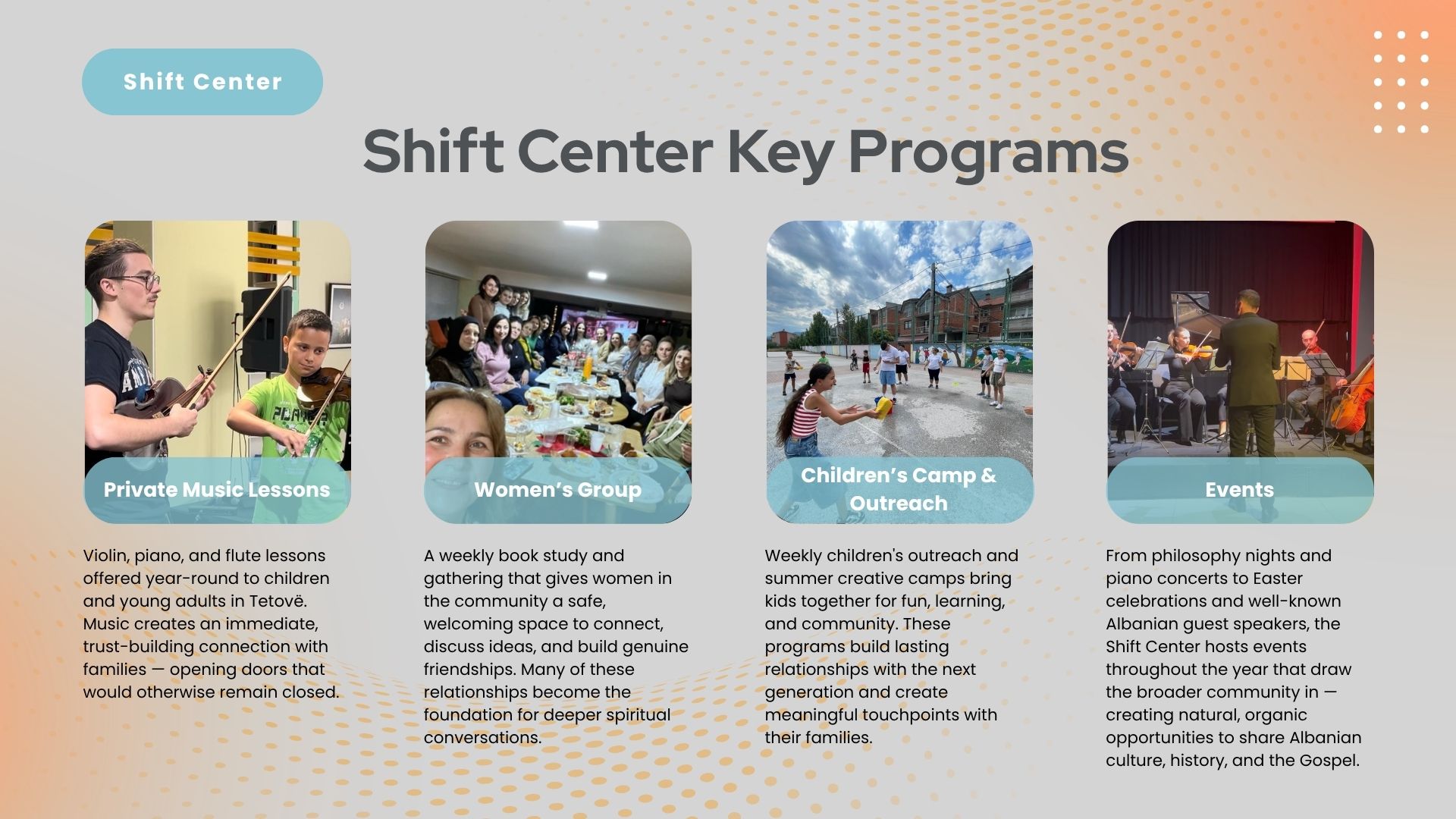 Shift Center Key Programs - music lessons, women's group, children's camp, events
